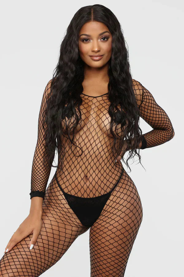 Seductive Black Seamless Fishnet Bodystocking