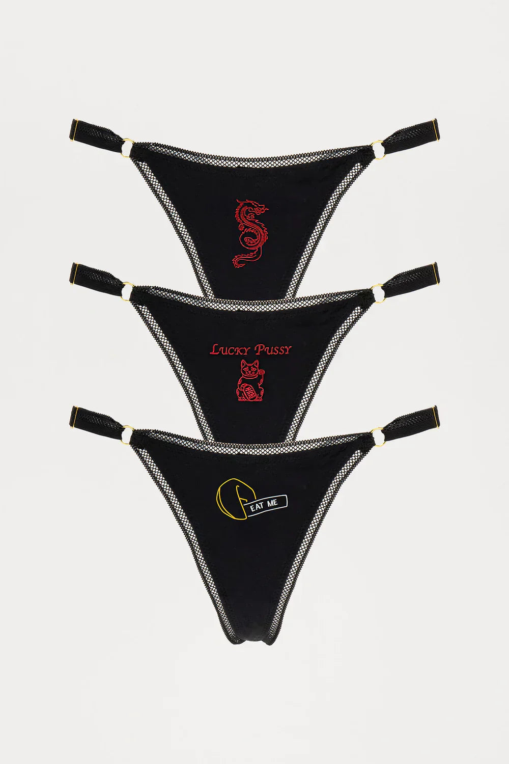 Lucky Dragon 3-Pack G-String Panties – Black