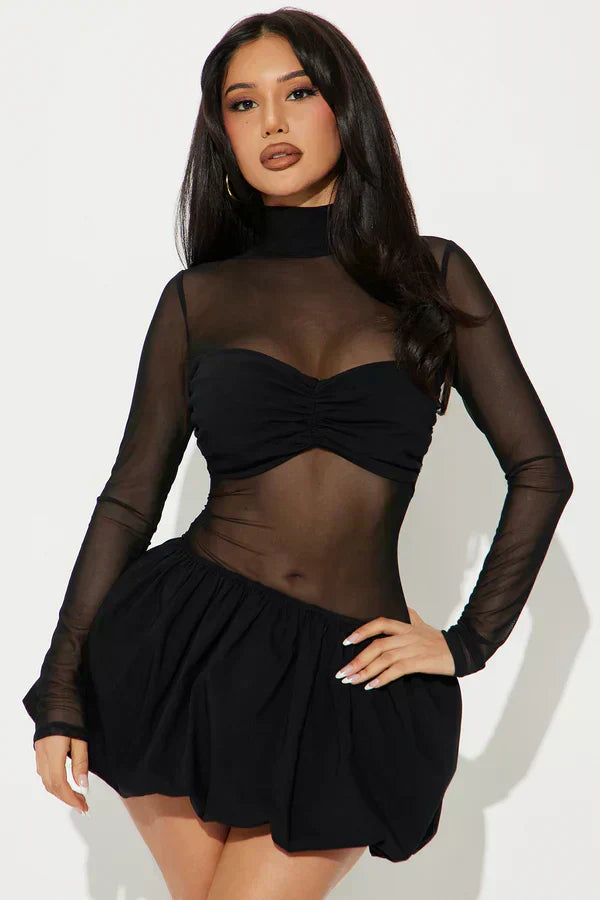 Sheer Glam Mesh Bubble Mini Dress