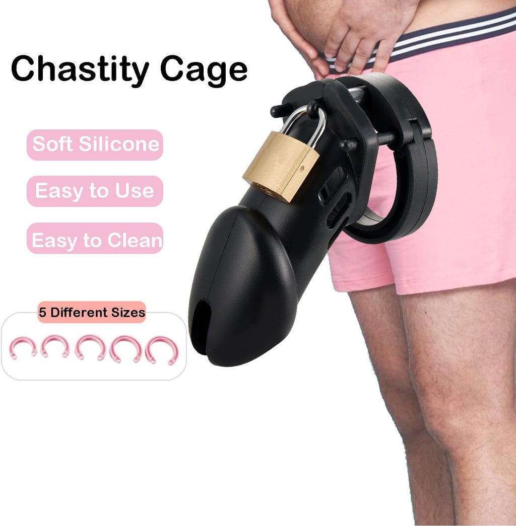 Adjustable Silicone Chastity Cage for Men with 4 Locks & 2 Keys