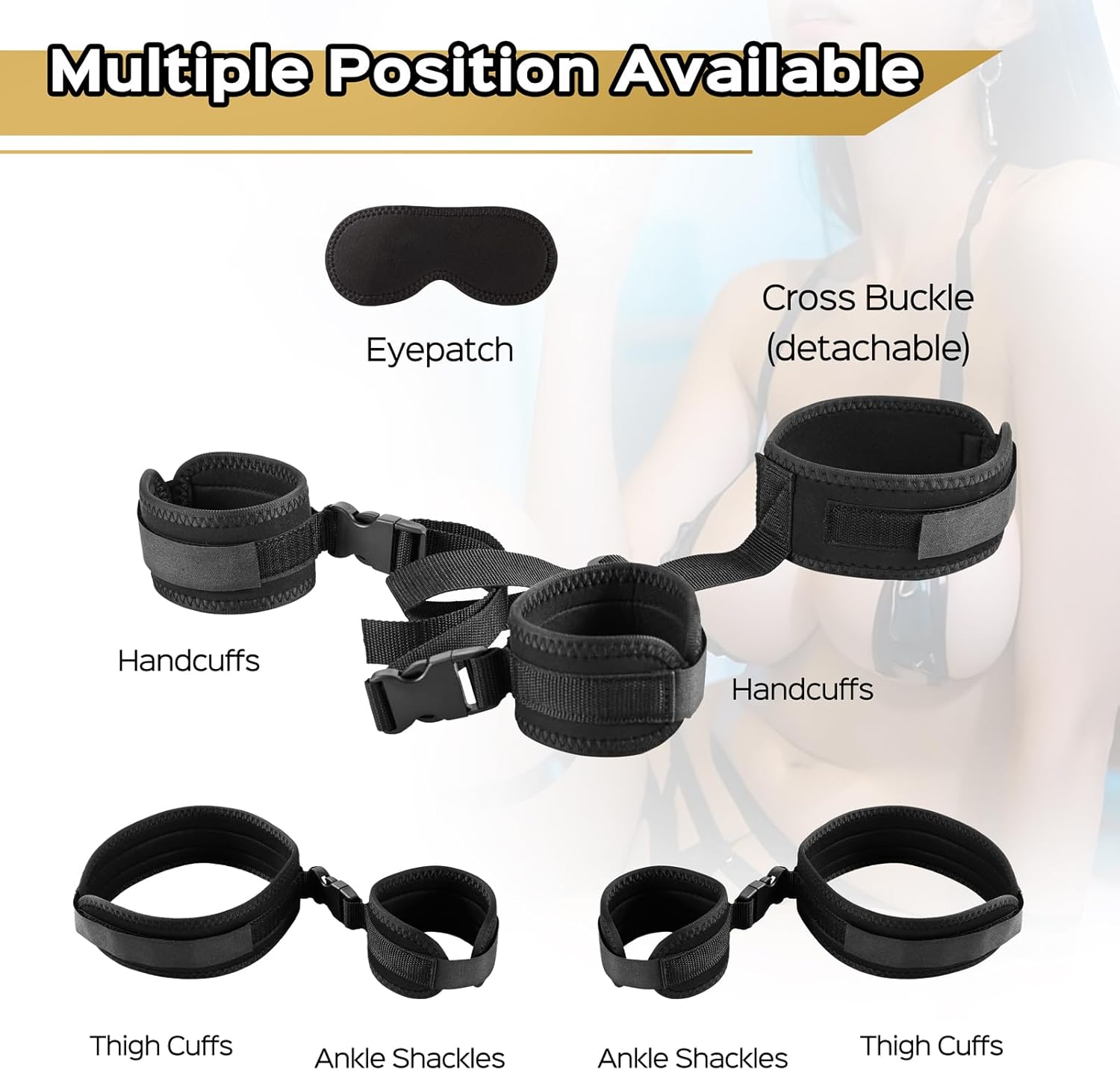 Restraint Set – Adjustable Neck, Wrist & Thigh Cuffs with Blindfold