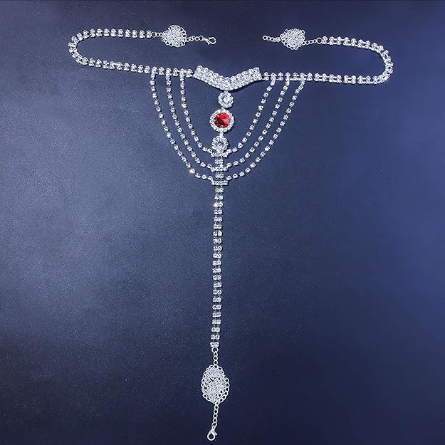 Red Rhinestone Belly Chain G-String